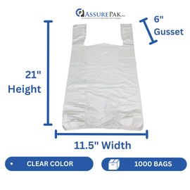 ASSUREPAK Standard Unprinted T-Shirt Bags - 1/6 BBL - 11.5" x 6.5" x 21" - 1000 Bags - 13 Mic - Clear Unprinted