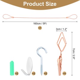 sourcing map Steel Wall Hanging Photo Display Cable Wire Rod with 10 Rhombus Clips, 5Ft Adjustable Hanging Picture Frames Collage Wall Decor for Hanging Photos Notes Postcard Art Rose Gold