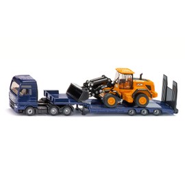 siku 1790, MAN-LKW mit Tieflader und JCB Radlader, 1:87, Metall/Kunststoff, Blau/Gelb, Klappbare Auffahrrampe, Beweglicher Ladearm