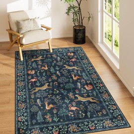 DUKINO 3x5 Rug, Washable Animal Area Rug with Non Slip Vintage Design, Indoor Soft Low Pile Carpet for Bedroom, Nursery, Dining Room, Farmhouse, Playroom, Navy Blue