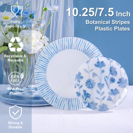 U-QE 20Pcs Blue Plastic Plates - Botanical Stripes Plates Disposable Heavy Duty, Fancy Floral Pattern Perfect for Weddings, Tea Parties, Holidays - 10.25" Dinner & 7.5" Dessert Plastic Platos