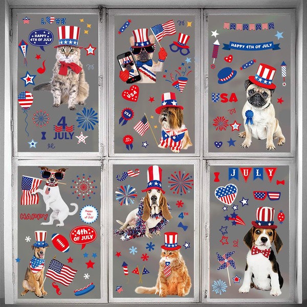 9 Sheets 4th of July Window Clings Cute Dog Cat