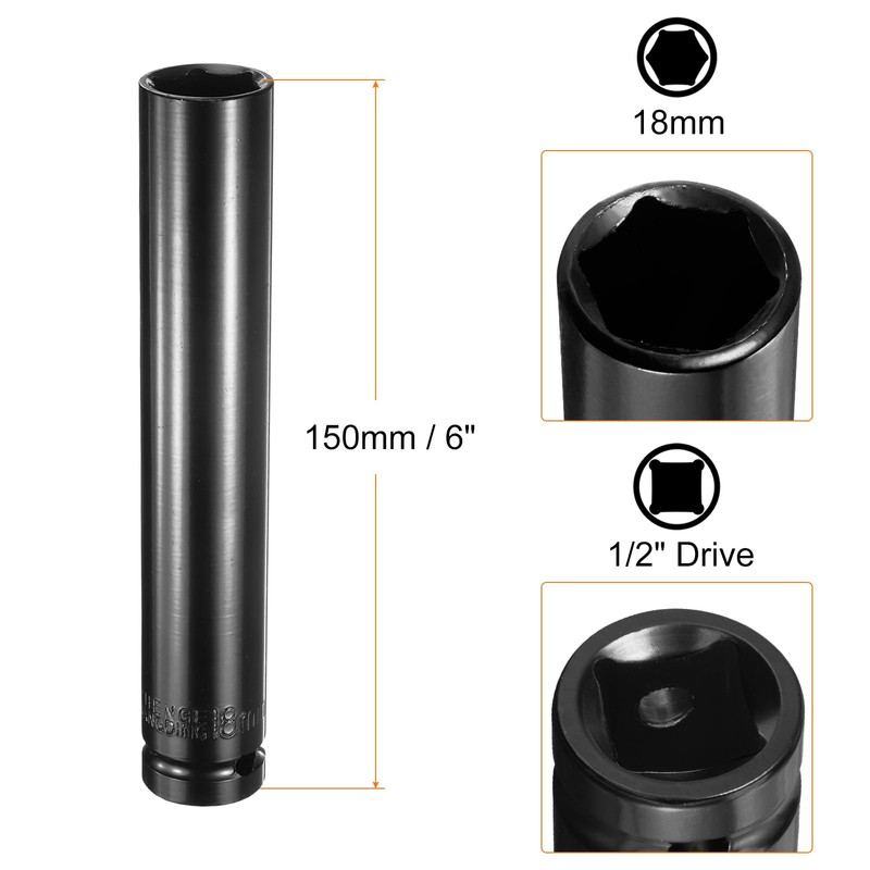 sourcing map Deep 6-Point Impact Socket 1/2" Drive 18mm Metric