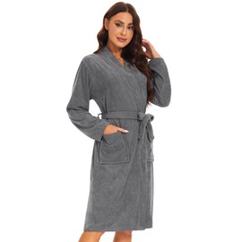 Ymmchy Women Bathrobes Lightweight Dressing Gown Terry Towelling Bath Robe Shawl Collar Robes Grey L