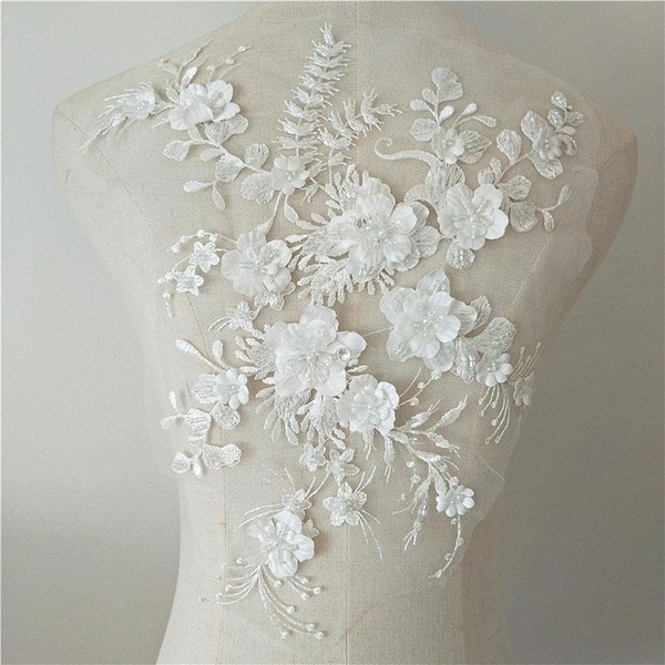 Embroidery Corded Wedding Motif 3D Pearls Lace Trim Bridal Lace Applique 1 Piece