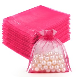 Crweety 50 Pcs 3x4 Inch Hot Pink Organza Bags, Small Mesh Gift Bags for Birthday Party, Baby Shower, Bridal Shower Favor, Delicate Jewelry Pouches for Valentine Mother's Day
