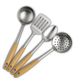Tijar Kitchen Utensil Set – Stainless Steel Cooking Tools with Wood Effect Handles – Set of 4: Skimmer, Ladle, Serving Spoon, Turner – Heavy Duty, Dishwasher Safe, Heat Resistant