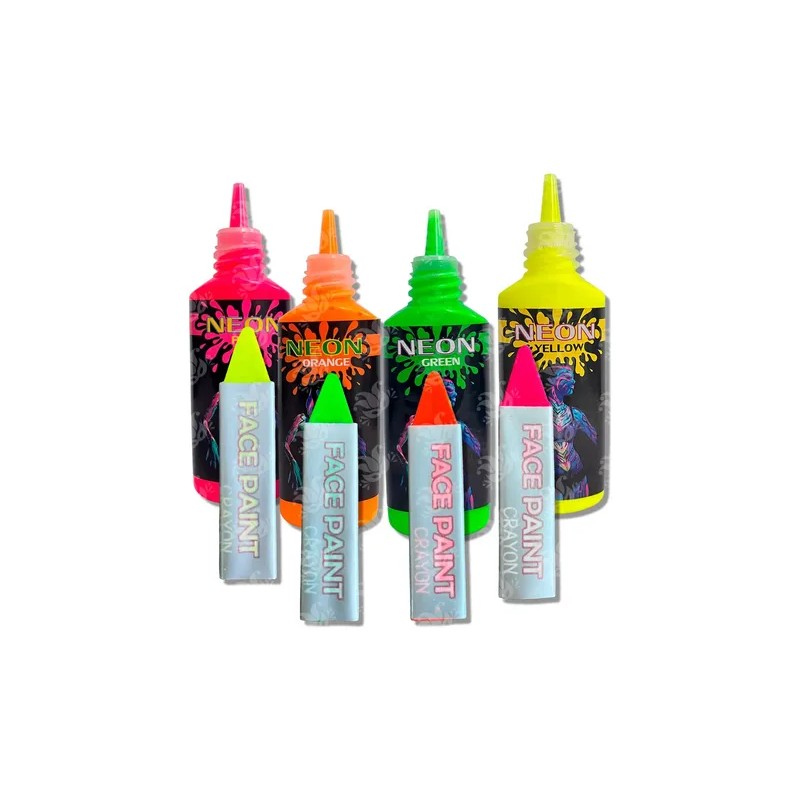 Kit Maquillaje Neón Pintura Crayón Fluorescente Glow Luz Uv