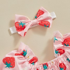 Xiaodriceee Infant Baby Girl Summer Clothes Bubble Romper Dress Fruit Flower Print Short Sleeve Bodysuit with Headband Set (B-Red, 6-12 Months)