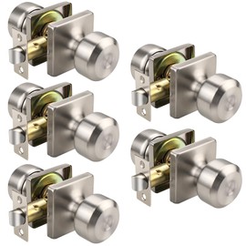 KNOBWELL Brushed Nickel Interior Door Knob, Square Closet Door Knobs, Passage Door Knob for Hallway, Keyless Stainless Steel Indoor Door Knob, 5 Pack