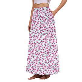 LiCot Women's Flowy Maxi Skirt Boho Summer Beach High Waisted Casual A-Line Pleated Long Skirts with Pockets(White Pink Floral, XL)
