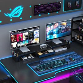 gianotter Soporte elevador para monitor dual, organizador de escritorio con cajn y 2 portaplumas, soporte para monitor de computadora, estante para...