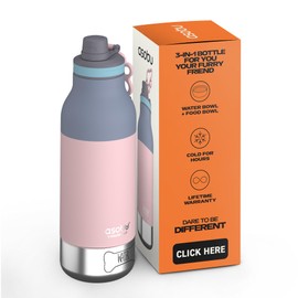 asobu Buddy Bottle a Stainless Steel Insulated Water Bottle for with Removable Dog Water Bowl and Dog Food and Treat Storage Bowl (Pastel Pink, 34 Oz)