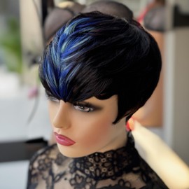 SAEIALL Short Pixie Cut Wig for Black Women Human Hair Black with Blue Color Human Hair Wigs for Women Layered Short Haircut Hair Glueless Wigs with Bangs Quick Get Up and Go Wig