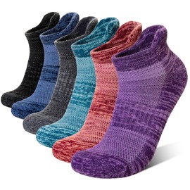 Eyean Merino Wool Ankle Running Socks Men Women Hiking Thick Half Cushioned Support No Show Socks 6 Pairs (Grey/Blue/Purple, Medium)
