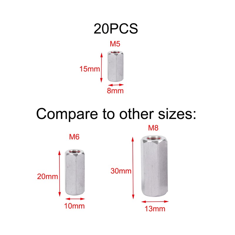 SyiXute 20 Pcs Long Rod Nut,M5 Hex Coupling Nut,Carbon Steel