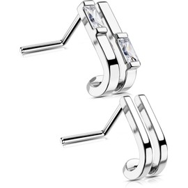 OUFER 2Pcs Nose Studs Silver, Unique Double Rows 20G Nose Rings L-shaped Sparkling Stainless Steel CZ Small Tiny Silver Nose Rings Studs for Women Men-7MM