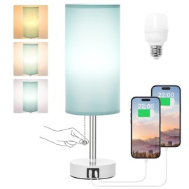 Hong-in Nightstand Lamp with 3 Color Modes -Green Lamp for Bedroom with USB-C USB-A Charging Ports, 3000/4000/5000k Bedside Lamps by Pull Chain, Small Table Lamp for Bedroom, Office, Living Room