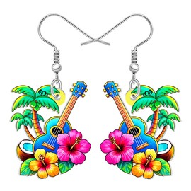 DALANE Acrylic Funny Tropical Hawaiian Dangle Earrings with Ukulele, Palm Trees Hibiscus Flowers Design Summer Jewelry Beach Gifts for Women Music Lovers Charms (Colorful)