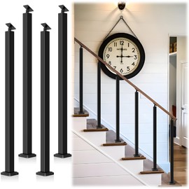 UFIZZY Indoor Railing Kits, Upgraded 4 Pack Iron Square Stair Baluster Posts(35.43" Height) with 270°Adjustable Railing Spindles, Black Metal Posts for Deck, Balcony, Stair, Indoor Decor