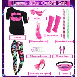 Velmawig 80er Jahre Outfit Damen 80 er Jahre Fasching Kostüm Zubehör Rosa Set mit Bauchtasche Haarband Ohrring Netzhandschuhe Gläser Armband Halskette Leggings Neon Kleidung Bad Taste Outfit Damen VL016M