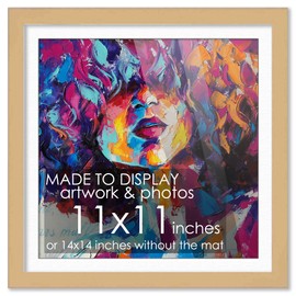 11x11 Frame Natural Wood With White Mat | 14x14 Frame Matted to 11x11 | Display Your Photo Under UV Acrylic Shatter Guard Front, with Foam Board Backing and Wall Hanging Hardware - Wall Frame Square