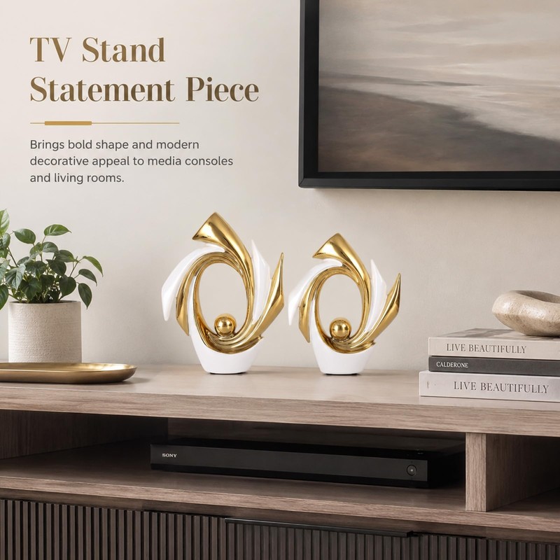 White and Gold Abstract Ceramic Sculpture Set of 2, Modern