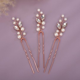 Teyglen 3pcs Pearl Wedding Hair Pins Bridal Crystal Pearl Hair Pins Clips Handmade Rose Gold Rhinestone Hair Piece Party Wedding Hair Accessories for Women Girls (Rose Gold)