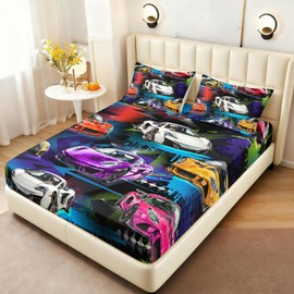 AILONEN Racing Car Fitted Sheet for Kids Boys Teen Full Size, Extreme Sports Bedding Sets,Cool Speed Race Bed Sheet Set,Colorful Car Theme Bedsheets Set,1 Deep Pocket 2 Pillowcases,3 Pcs