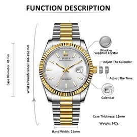 BUREI Men's Quartz Watches Analog Display Date Wristwatch Sapphire Glass Lens and Stainless Steel Band