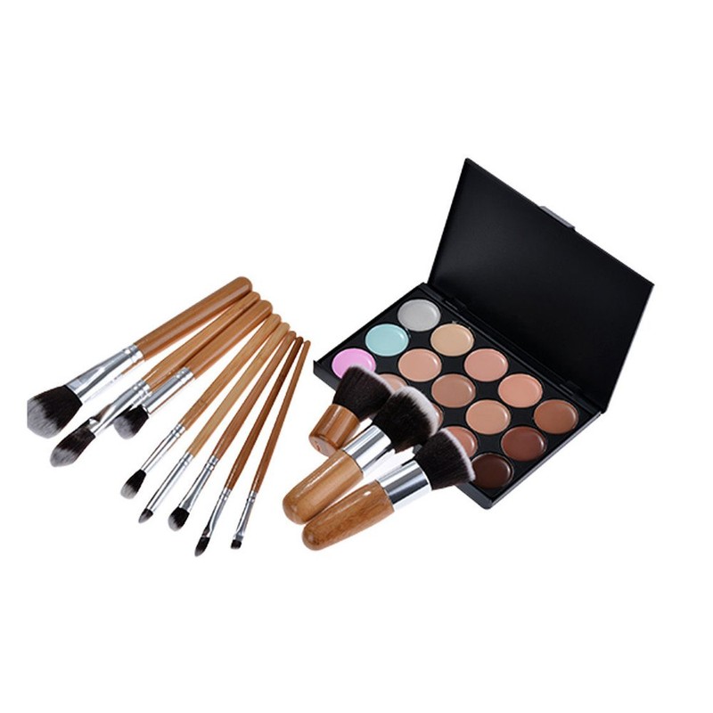 Makeup Brush Set Cream Concealer Palette Wooden Bamboo Handle Carrying