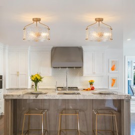 Blhxian Semi Flush Mount Ceiling Light Fixture Glass Drum Chandelier Entryway Light Fixture 16''Gold Flush Mount Ceiling Lights 3-Light Foyer Lighting fixtures for Living Room Hallway Bedroom