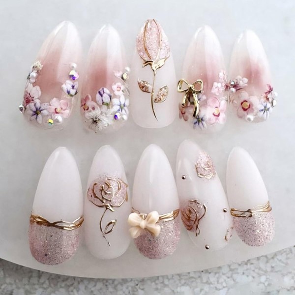 24 Pcs Summer Press on Nails Short Almond,MINGCHUN Ombre Fake