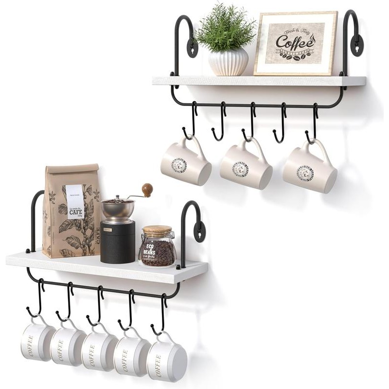 Floating Shelves for Kitchen Wall Coffee Nook with Hooks for
