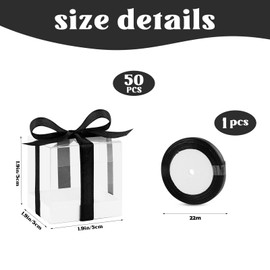 Hxezoc 50 Pack Favor Boxes 2x2x2 Inches Clear Candy Treat Boxes with Black Ribbons, Mini Plastic Gift for Wedding, Birthday Party, Baby Shower, Classroom Decoration Supplies