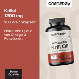 OnEnergy Krill Oil 1200 mg - Omega-3, Choline and Astaxanthin - 180 Capsules - Oil from Antarctic Krill - Support for Heart and Liver - Help with Fat Metabolism - Free from Gluten and Lactose