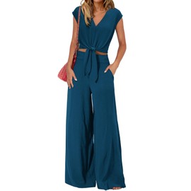 PRETTYGARDEN Two Piece Outfits For Women 2024 V Neck Cap Sleeve Strappy Crop Tops Loose Fit Wide Leg Pants Sets(Solid Teal,Large)
