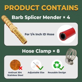 Brass Barb Union Fittings, LIONMAX Barb Splicer Mender Hose Fittings 4 PCS, 1/4 Inch to 1/4 Inch Barb Hose ID, with 8 Hose Clamps, for Air/Water/Fuel/Oil