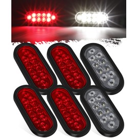 Partsam 6x Oval LED Trailer Tail Lights 10LEDs 6 Inch 4 Red 2 White Stop Brake Turn Reverse Backup Lights Rear Lamp Sealed Flush Mount 3-pin Plug Rubber Grommet for Flatbed Truck Trailer RV 12V IP67