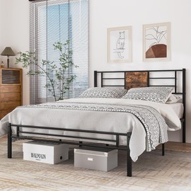 VECELO Queen Size Bed Frame with Headboard, Heavy-Duty Platform with Metal Slats Support, No Box Spring Needed/Easy Assembly, Black