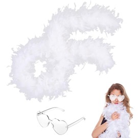 White Feather Boa, 2m/6.6ft 105g Natural Turkey Feather Boas With Heart Sunglasses, Fancy Dress Crafts White Feathers Suitable For Women,Girls,Dancing Wedding Easter Party Cosplay Accessory Home Decor