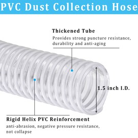 Dust Collection Hose 1-1/2 in × 5 ft Heavy Duty Clear Flexible PVC Reinforced Thicken Helix Suction Discharge Corrugated Pipe Hose for Fume Dust Collector Fitting Wood Chip Saw (1.5 inch hose)