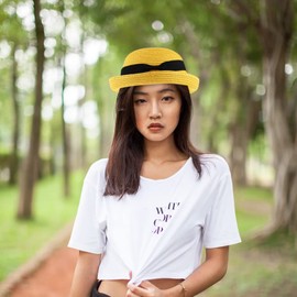 SEWACC Womens Wide Straw Panama Hat Bowknot Roll- up Dome Straw Sun Hat Fashion Bowler Hat Summer Hat Beach Hat for Women Girls (Yellow)