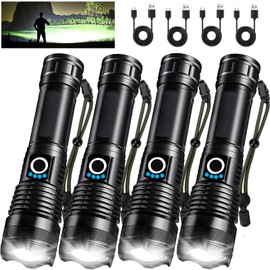 4 Pack Rechargeable LED Flashlights High Lumens, 990,000LM Super Bright Flashlight, Adjustable Powerful Flash Light with USB Cable & 5 Modes, Waterproof Handheld Flashlight for Home Camping