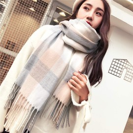 Mocasor Plaid Blanket Scarves for Women, Ladies Fashion Winter Warm Tartan Oversized Long Checked Shawls and Wraps (Beige Grey White)