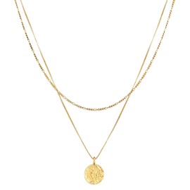 Kuzzoi Men's Silver Necklace Layer Look with Coin (15 mm), Necklace for Men in 925 Sterling Silver Gold-Plated, Golden Layer Chain with Round Plate, Men's Necklace with Pendant Handmade, Sterling