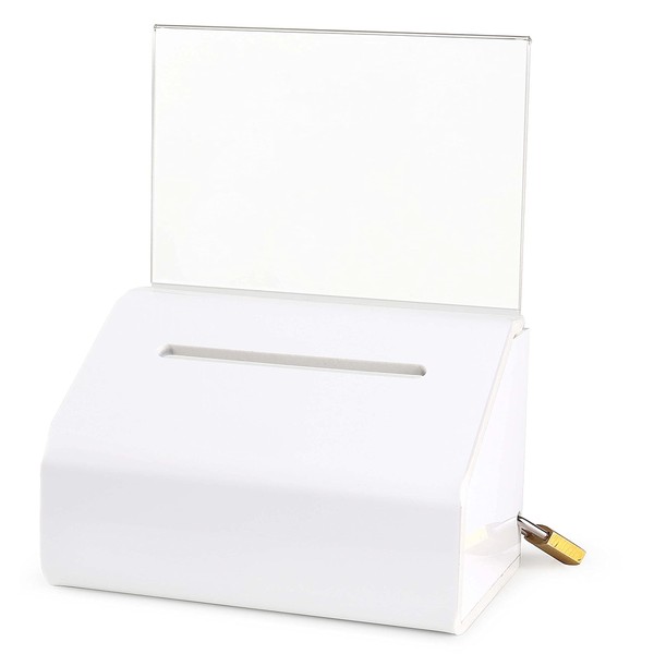 MCB Acrylic Donation & Ballot Box, Ticket Raffles & Drawing, Voting or Comment Box - with Safety Lock and Display Sign Holder 8"x 6"x 5" (White)