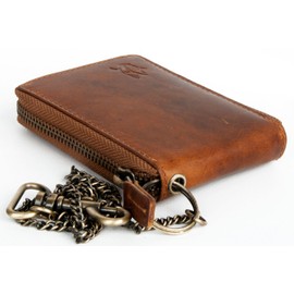 FLW Genuine leather pocket sized zip-around wallet with a shark with metal chain