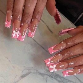 Long Coffin Press on Nails Ballerina Fake Nails with Designs White Bow Stick on Nails Pink French False Nails Pearl Acrylic Nails Glossy Artificial Nails Full Cover Glue on Nails for Women 24Pcs