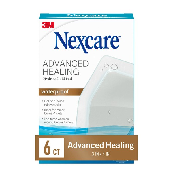 Nexcare Advanced Healing Hydrocolloid Pads, Gel Pad Helps Reduce Pain and Absorb Wound Fluids, Stretchy Wound Dressing Sticks to Damp Skin - 6 Pads
